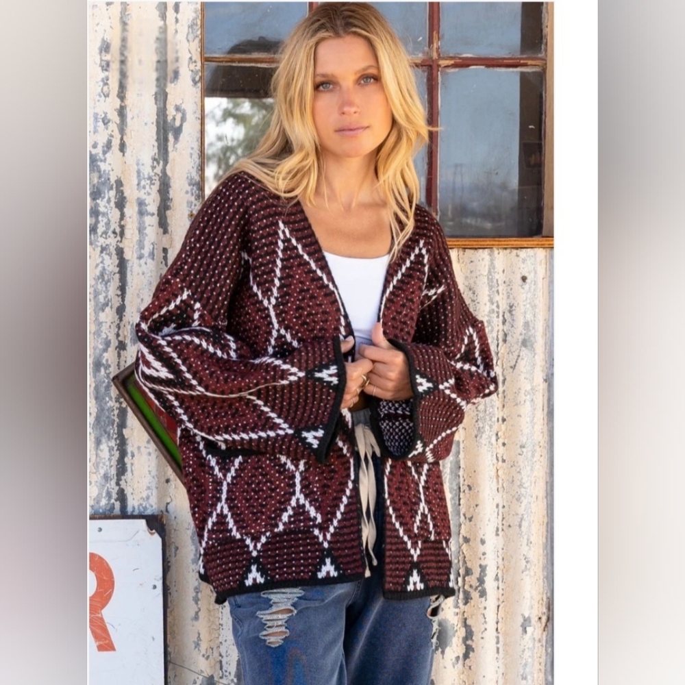 Women's Red, black and white Patterned Sweater by POL.